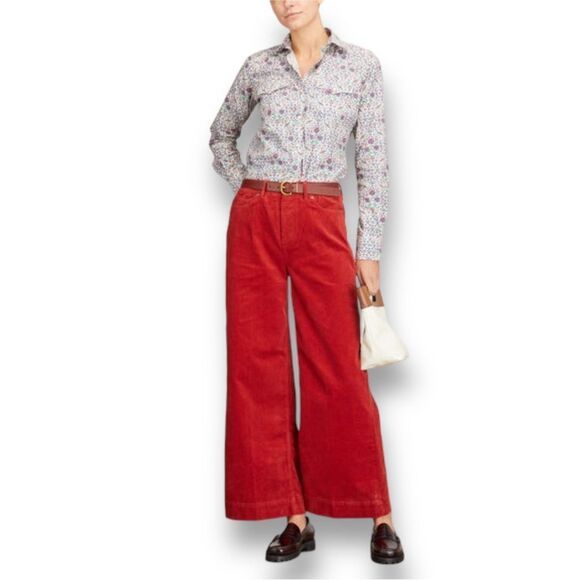 NWT | Ann Mashburn Wide Leg Cropped 5 Pocket Pant in Rust Stretch Cord | Size 27 - Picture 1 of 9